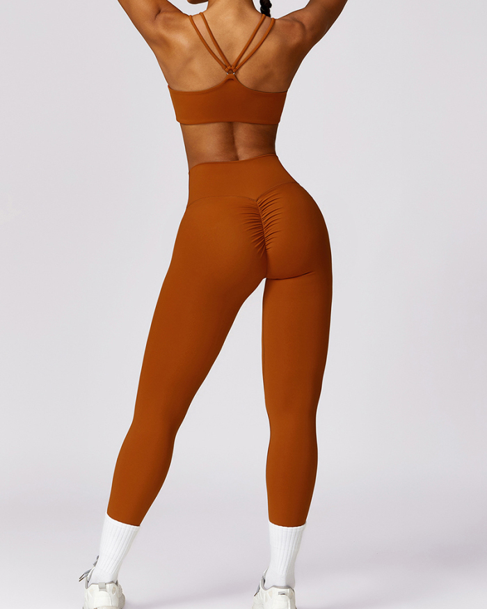 Women Sling Bra Criss Back Short Sleeve Top Pants Yoga Two-piece Sets S-XL