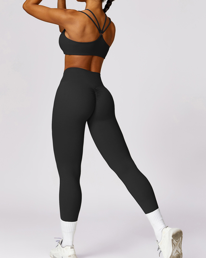 Women Sling Bra Criss Back Short Sleeve Top Pants Yoga Two-piece Sets S-XL