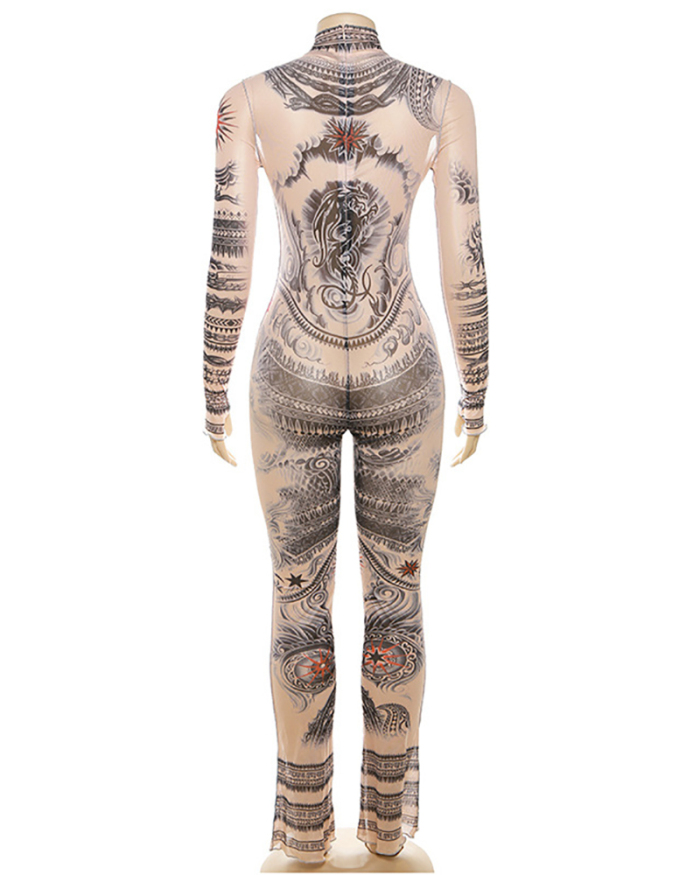 Long Sleeve Sexy Printed High Neck Mesh Club Wear Jumpsuit S-L