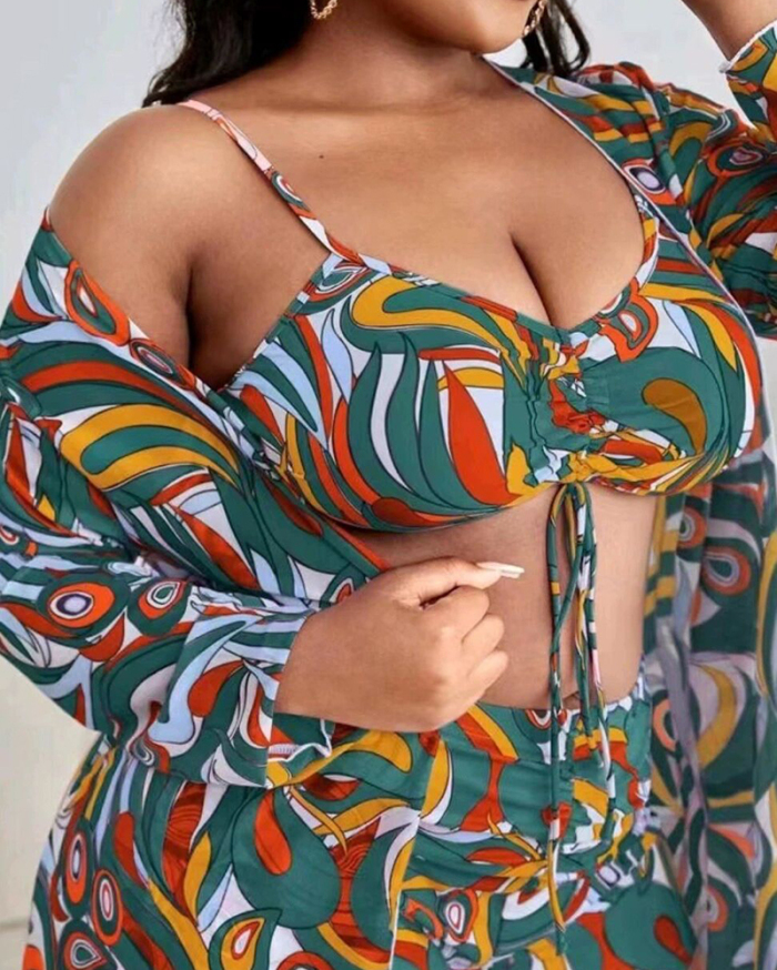 Popular Women Colorful Printed Beach Cover Three Piece Set Plus Size Swimsuit Green Yellow Purple 2XL-4XL