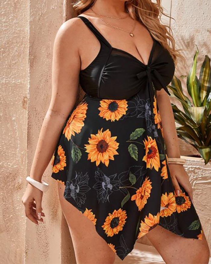 Florals Printed Women Ruffles Irregular Plus Size Swimsuit L-4XL
