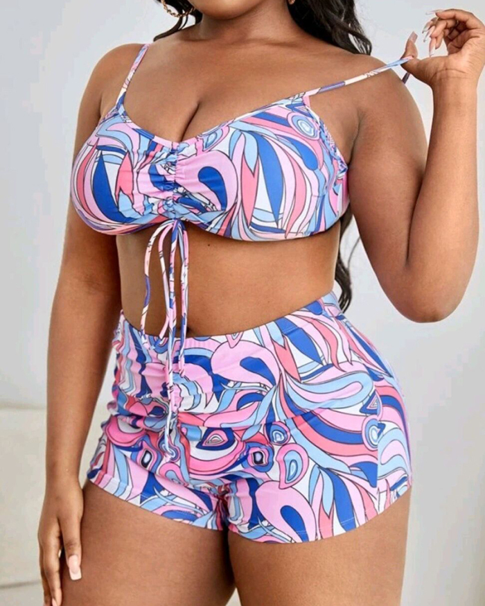 Popular Women Colorful Printed Beach Cover Three Piece Set Plus Size Swimsuit Green Yellow Purple 2XL-4XL