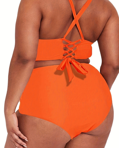 Women Summer V Neck High Waist Florals Print Sexy Two Piece Plus Size Swimsuit Navy Blue Orange XL-5XL
