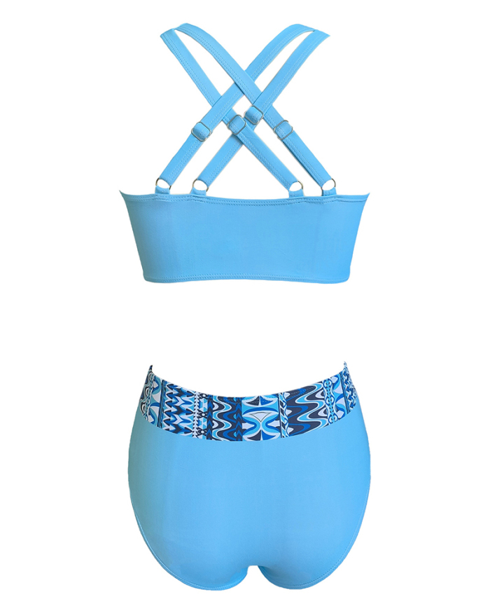 Women Printed V Neck High Waist Sexy Bikini Two-piece Swimsuit Blue S-2XL