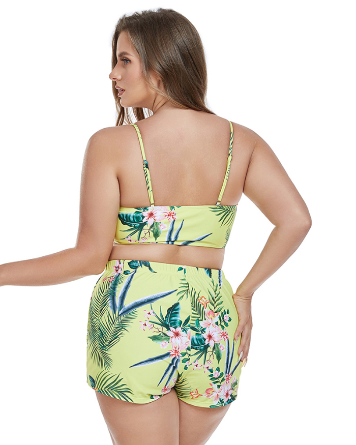 Popular Long Sleeve Cover Florals Printed Plus Size Swimsuit Three Pieces Set Yellow L-4XL