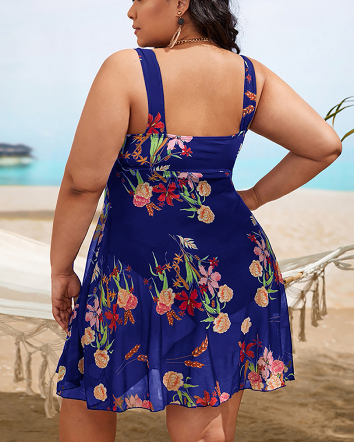 Women Florals Printed U Neck High Waist Plus Size Swimsuit Leopard Blue Green XL-5XL