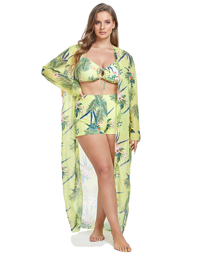 Popular Long Sleeve Cover Florals Printed Plus Size Swimsuit Three Pieces Set Yellow L-4XL