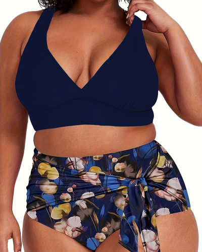 Women Summer V Neck High Waist Florals Print Sexy Two Piece Plus Size Swimsuit Navy Blue Orange XL-5XL