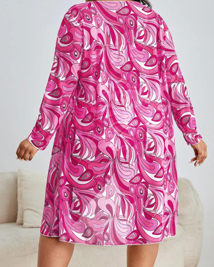Long Sleeve Boho Printed Fashion Three Pieces Plus Size Swimsuit Purple Rose L-4XL