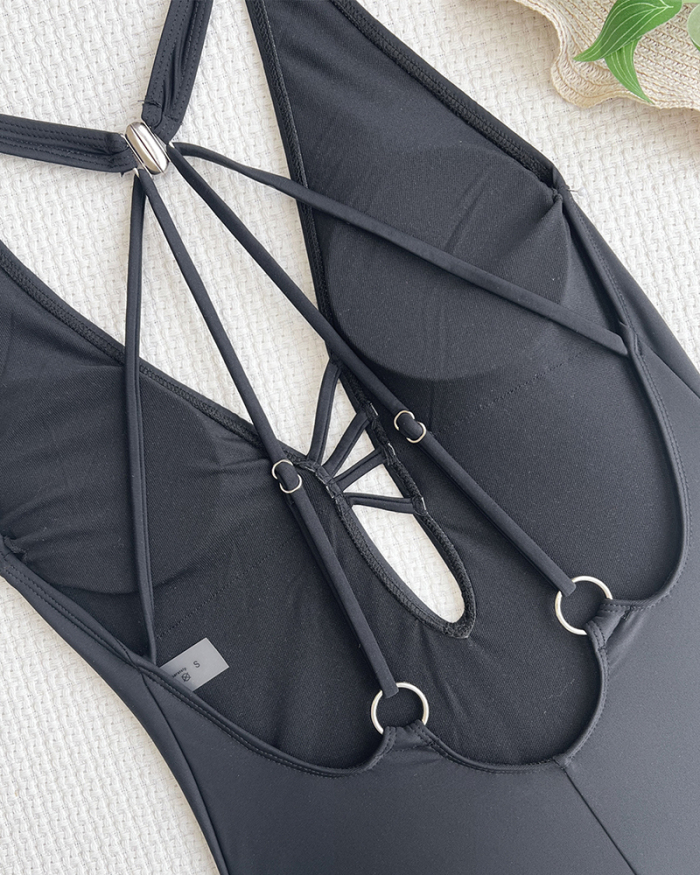 Solid Color Women Criss Cross One-piece Swimsuit Bikini Black S-XL