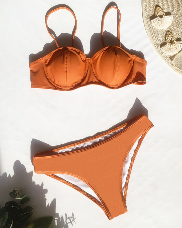 New Bikini Swim Solid Color Sexy High Waist Skirt Beach Wear Three-piece Swimsuit Orange S-L