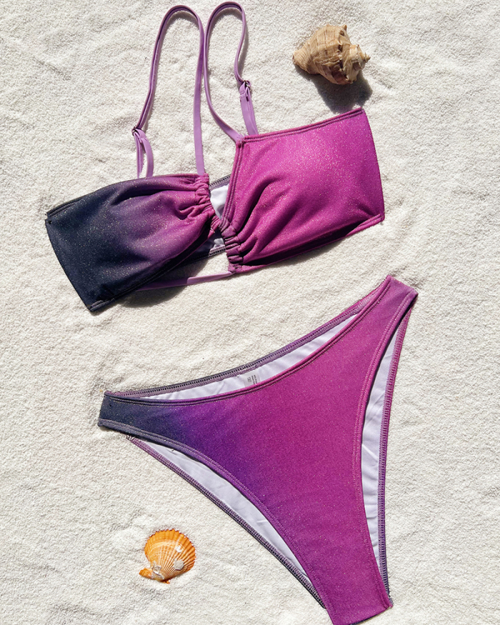 Women Gradient Halter Neck High Cut Sexy Bikini Two-piece Swimsuit Purple XS-L