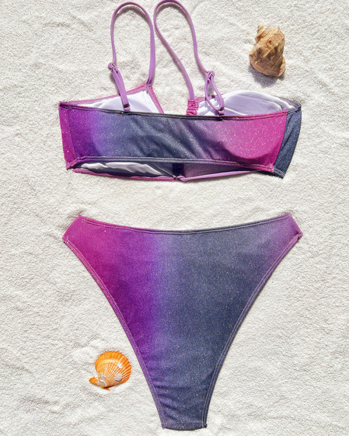 Women Gradient Halter Neck High Cut Sexy Bikini Two-piece Swimsuit Purple XS-L