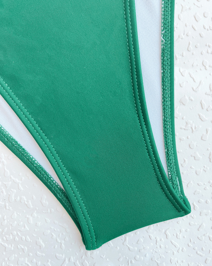 Hollow Out High Cut Women V-Neck One-piece Swimsuit Green S-XL