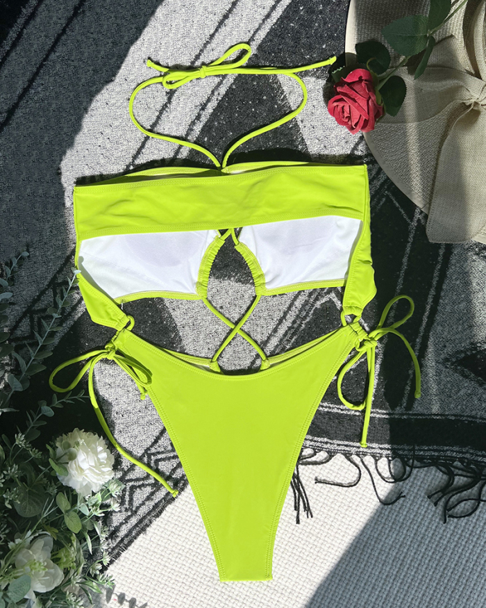 Women Solid Color Hollow Out Sexy Bikinis One-piece Swimsuit Green S-L
