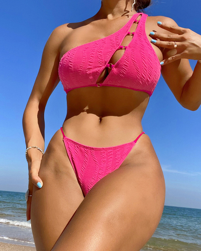 Sexy Bikini Hollow Out One Shoulder High Cut High Waist Two-piece Swimsuit Bikinis Rosy S-L