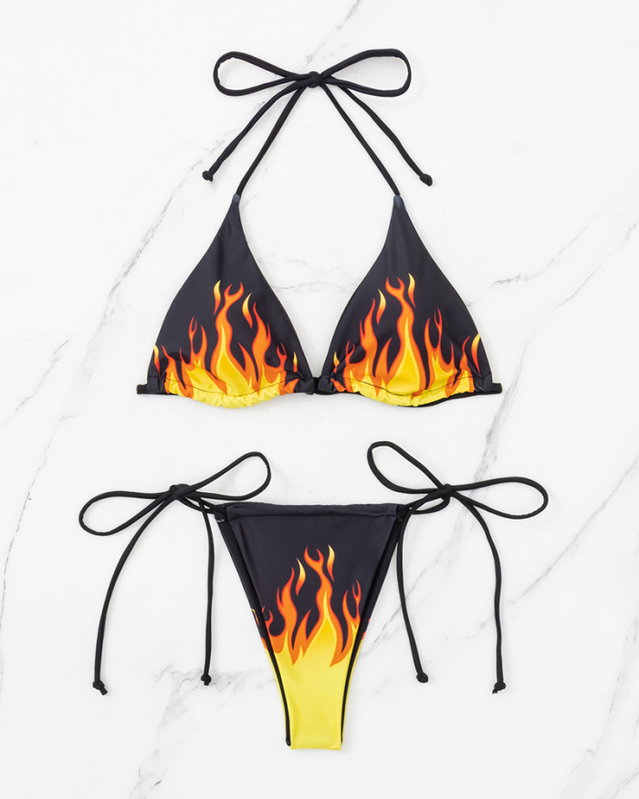 Sexy Tie Side String Halter Neck Fire Printed Women Beach Bikinis Two-piece Swimsuit Black White S-XL