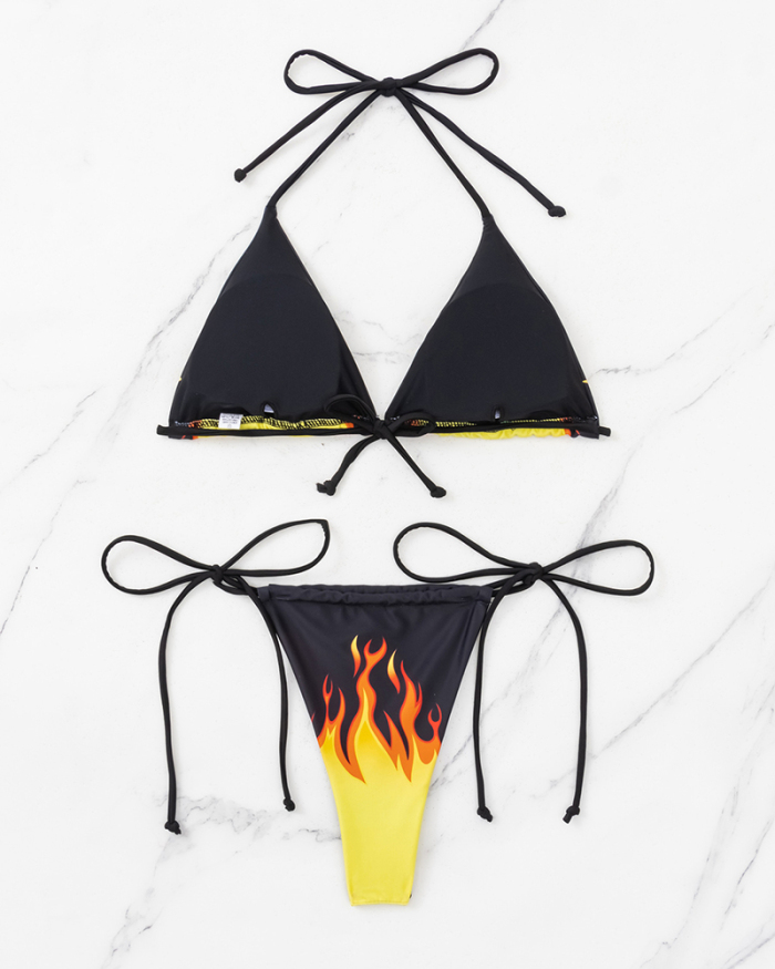 Sexy Tie Side String Halter Neck Fire Printed Women Beach Bikinis Two-piece Swimsuit Black White S-XL