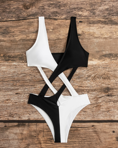Colorblock Hollow Out Criss Cross Sexy V-neck One-piece Swimsuit Black White S-XL