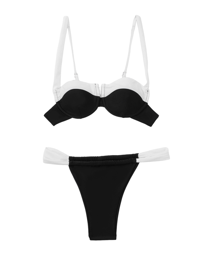 New Women Strap Colorblck Sexy Steel Bra Swim Bikinis Two-piece Swimsuit White Black S-XL