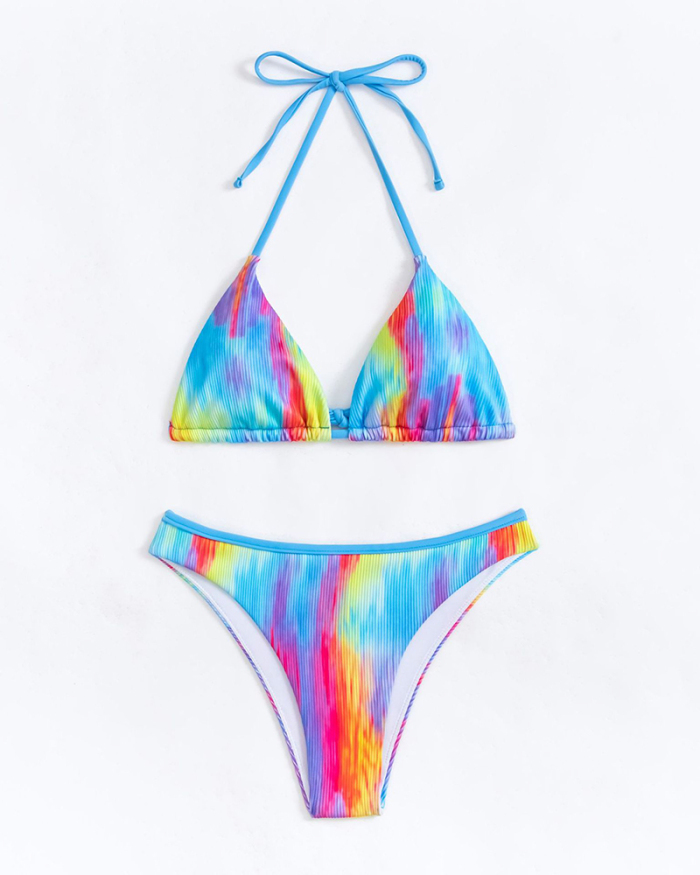Rainbow Color Halter Neck Strappy Back Bikinis Two-piece Swimsuit S-XL