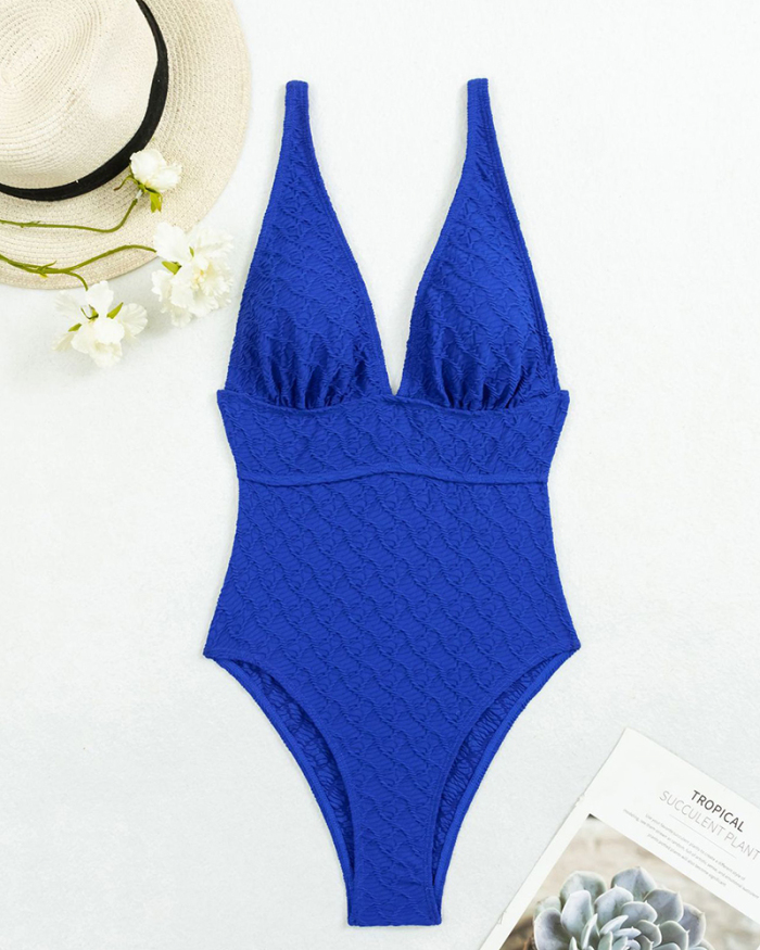 Women Solid Color V Neck High Waist Backless One-piece Swimsuit White Black Pink Royal Blue S-XL