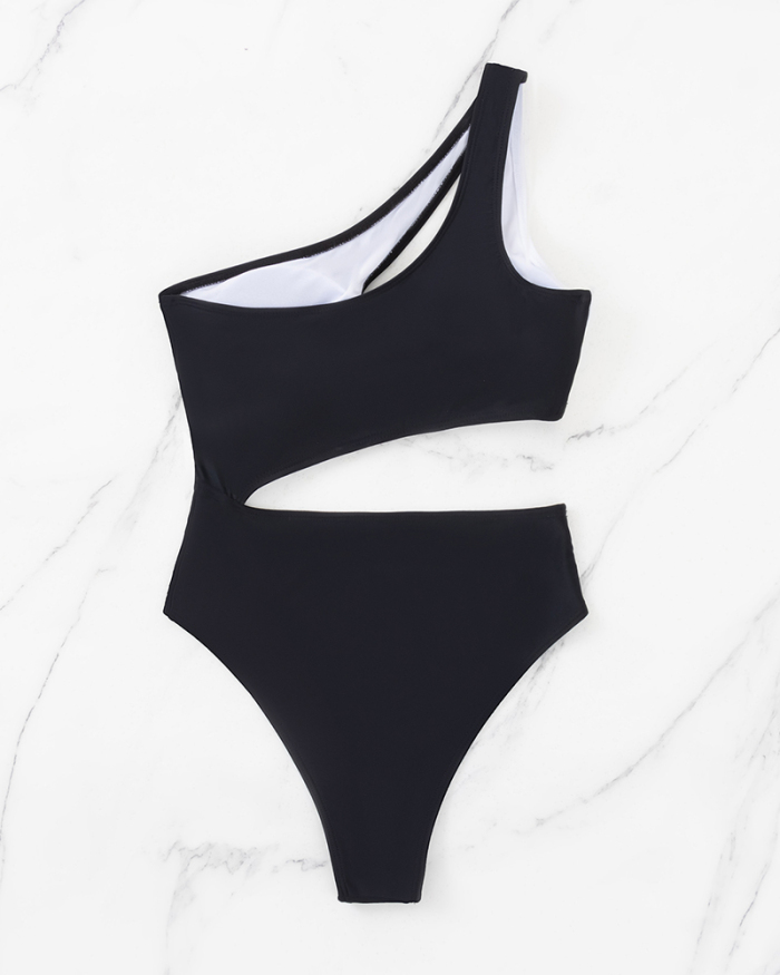 Colorblock Hollow Out Trendy High Cut Woman Beach Wear One-piece Swimsuit Black White S-XL