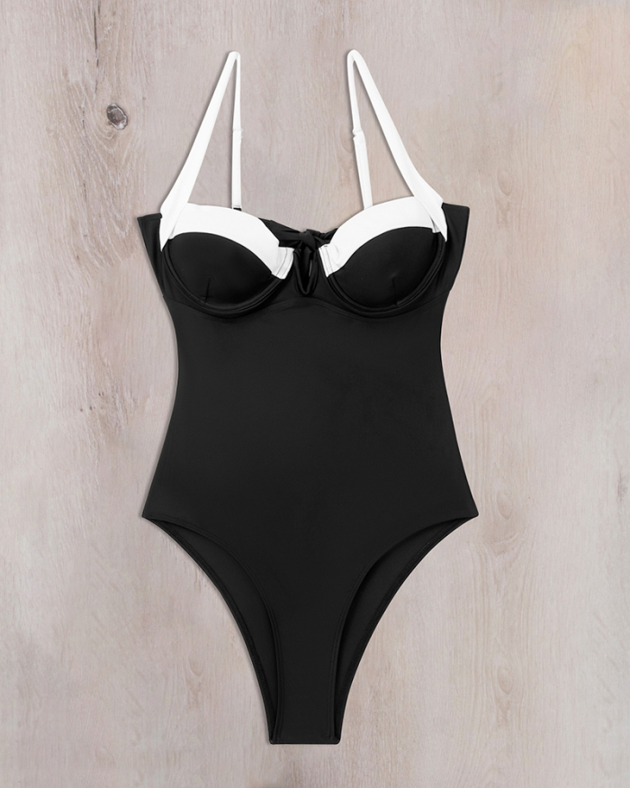 Colorblock Square Neck High Waist Women One-piece Swimsuit Black S-XL