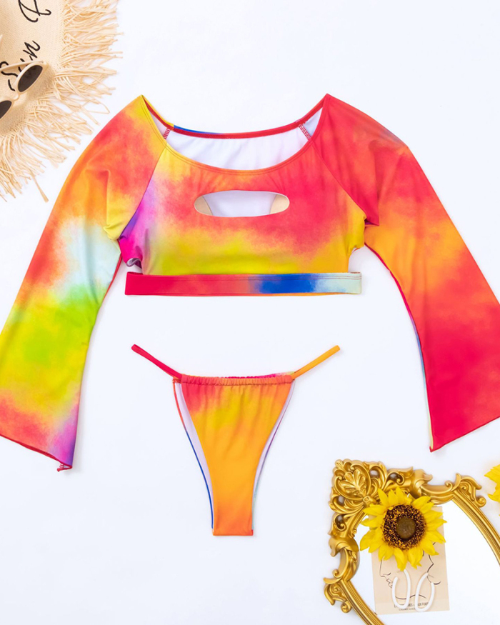 Hot Sale Long Sleeve Off Shoulder Hollow Out High Cut Bikinis Two-piece Swimsuit Florals Tie Dye S-XL