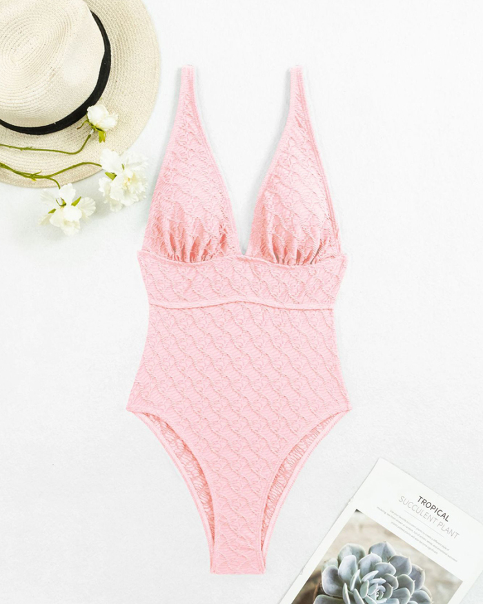 Women Solid Color V Neck High Waist Backless One-piece Swimsuit White Black Pink Royal Blue S-XL