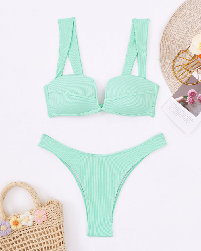 Solid Color V Neck Strappy Back High Waist Two-piece Swimsuit Light Green Purple S-XL