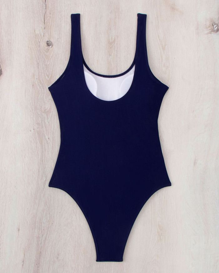 Colorblock High Waist Fashion Women One-piece Swimsuit Swimwear Navy Blue S-XL