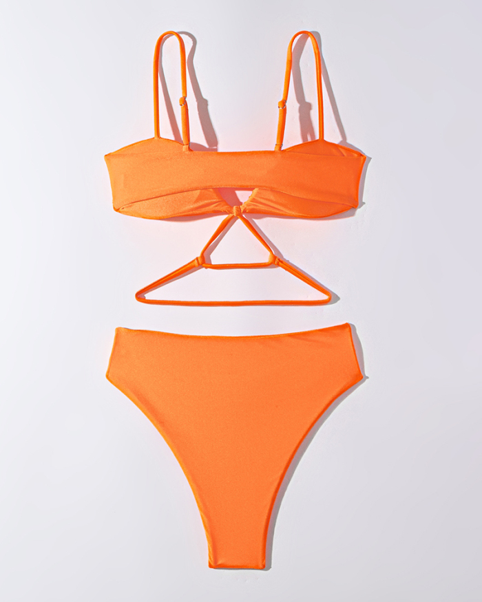 Nylon New Solid Color Strappy Two-piece Swimsuit Swimwear Orange Purple Red S-XL