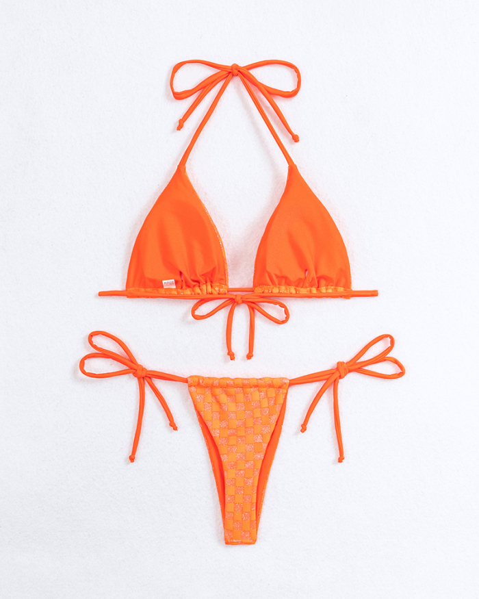 Halter Neck Shining Sexy Tie Side String Two-piece Swimsuit Sky Blue Orange White Gold S-XL