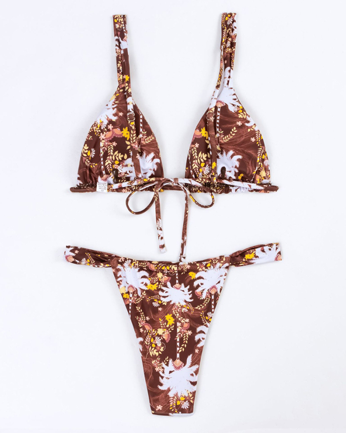 Florals Printed Bikini Strap Ruched V Neck Two-piece Swimsuit Brown Orange S-XL