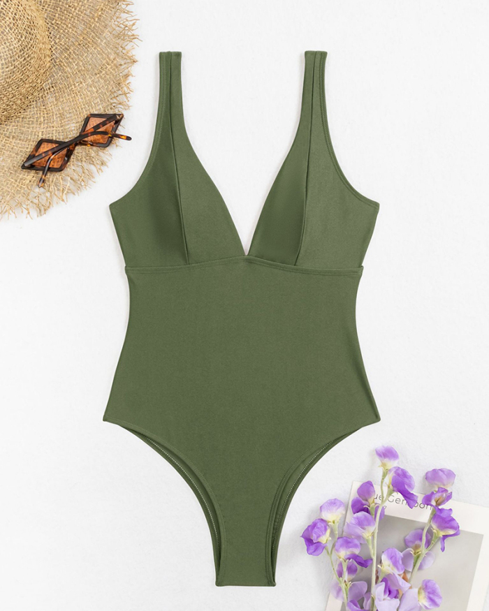 Deep V Neck Backless High Waist Fashion One-piece Swimsuit Yellow Royal Blue Army Green Bean Red S-XL