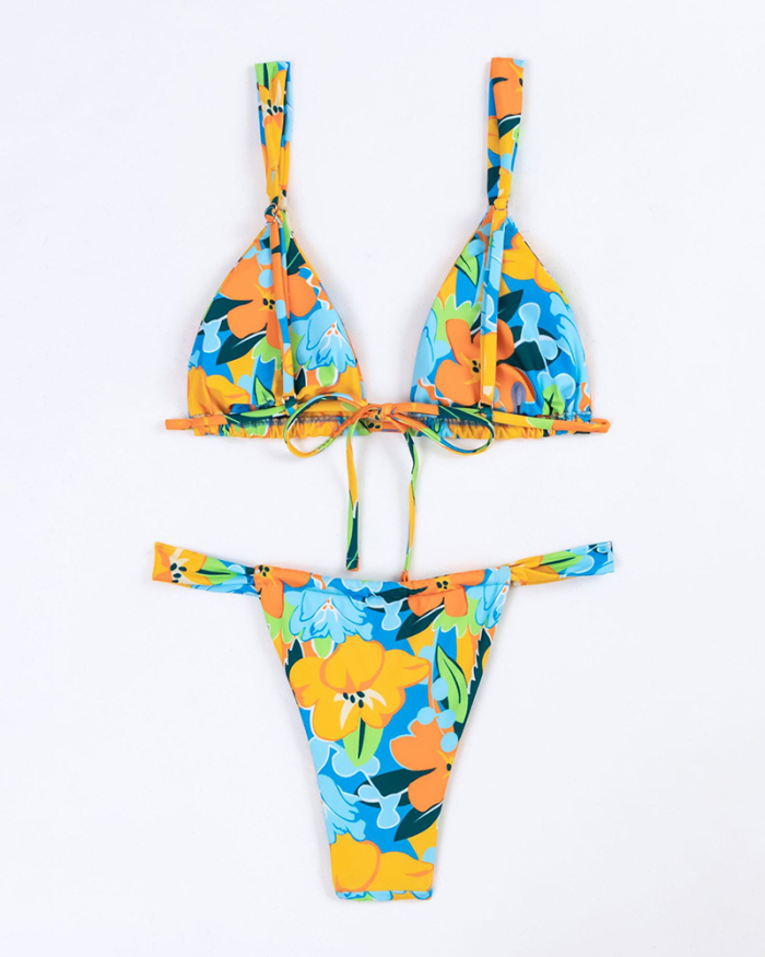 Florals Printed Bikini Strap Ruched V Neck Two-piece Swimsuit Brown Orange S-XL