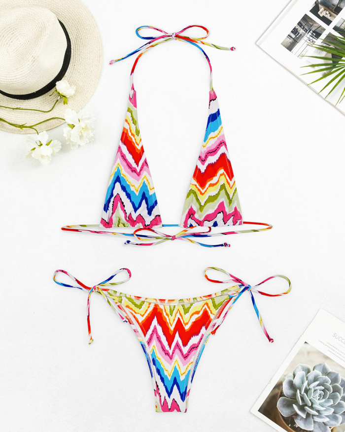 Colorful Printing Halter Neck Tie Side String Beach Bikinis Two-piece Swimsuit S-XL