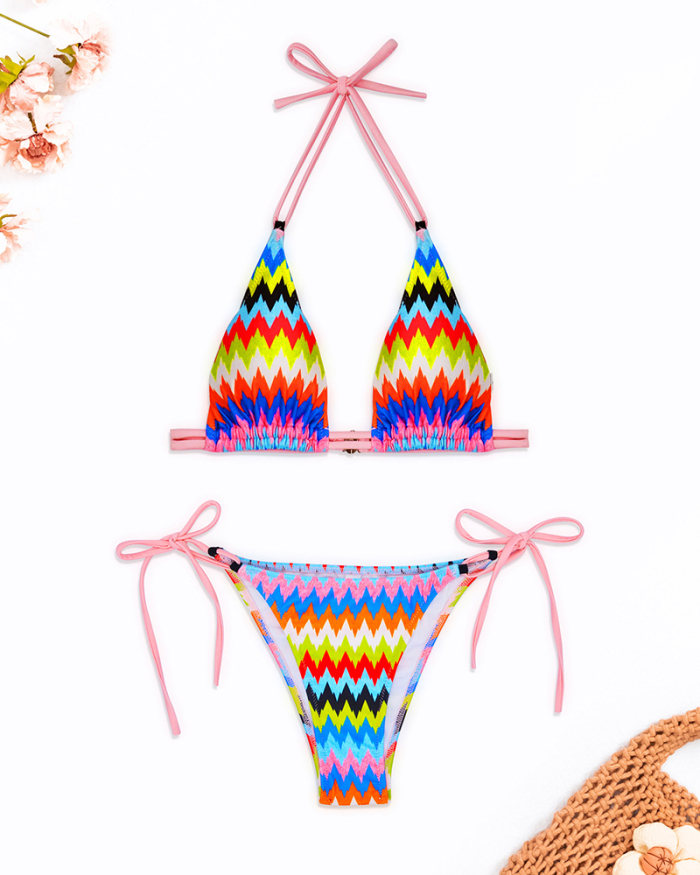 Rainbow Striped Halter Neck Tie Side String Sexy Women Bikinis Two-piece Swimsuit S-XL