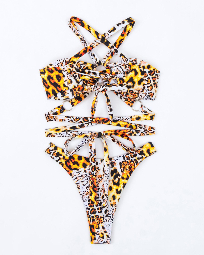 Halter Neck Sexy Leopard Strappy High Waist Two-piece Swimsuit S-XL