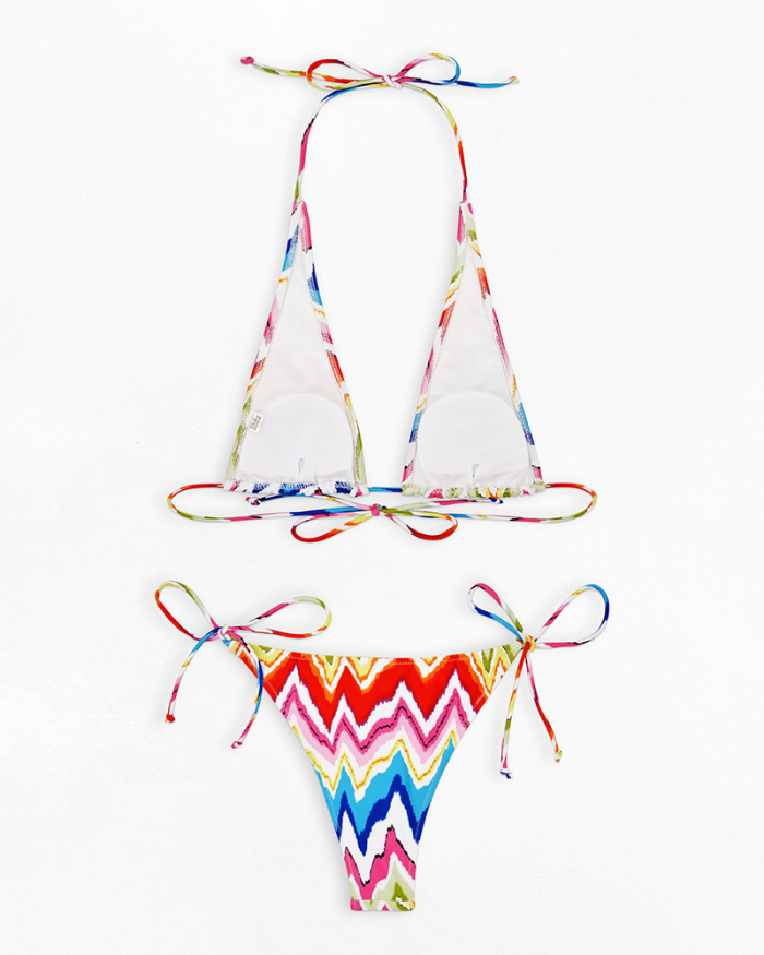 Colorful Printing Halter Neck Tie Side String Beach Bikinis Two-piece Swimsuit S-XL