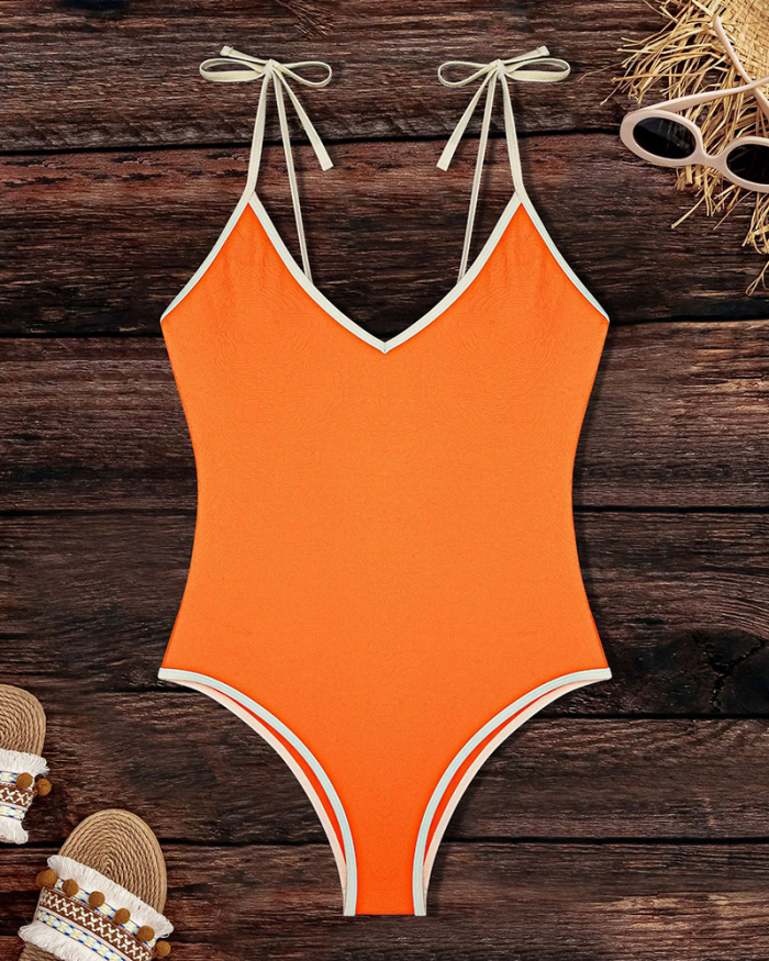 Solid Color Sexy V Neck High Waist High Cut One-piece Swimsuit Sexy Bikinis Royal Blue Green Orange S-XL