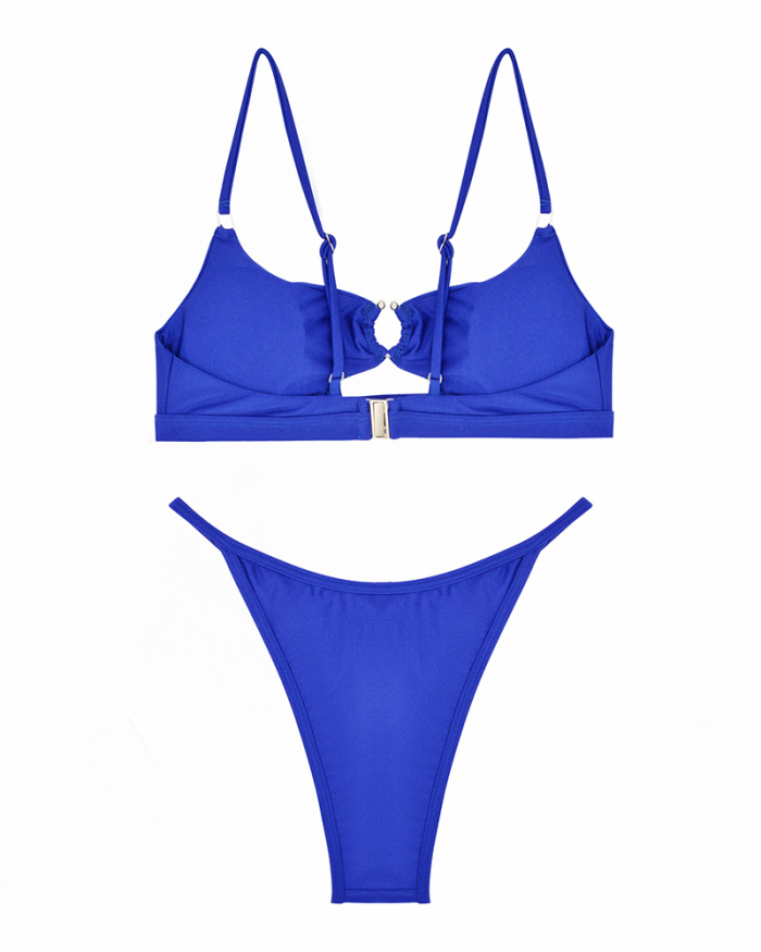 Hollow Out Sling Bra High Waist Solid Color Two-piece Swimsuit Sexy Bikini Orange Coffee Royal Blue S-XL