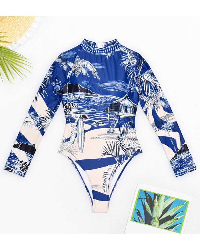 Women Beach Printed Long Sleeve High Cut Backless One-piece Swimsuit Blue S-XL