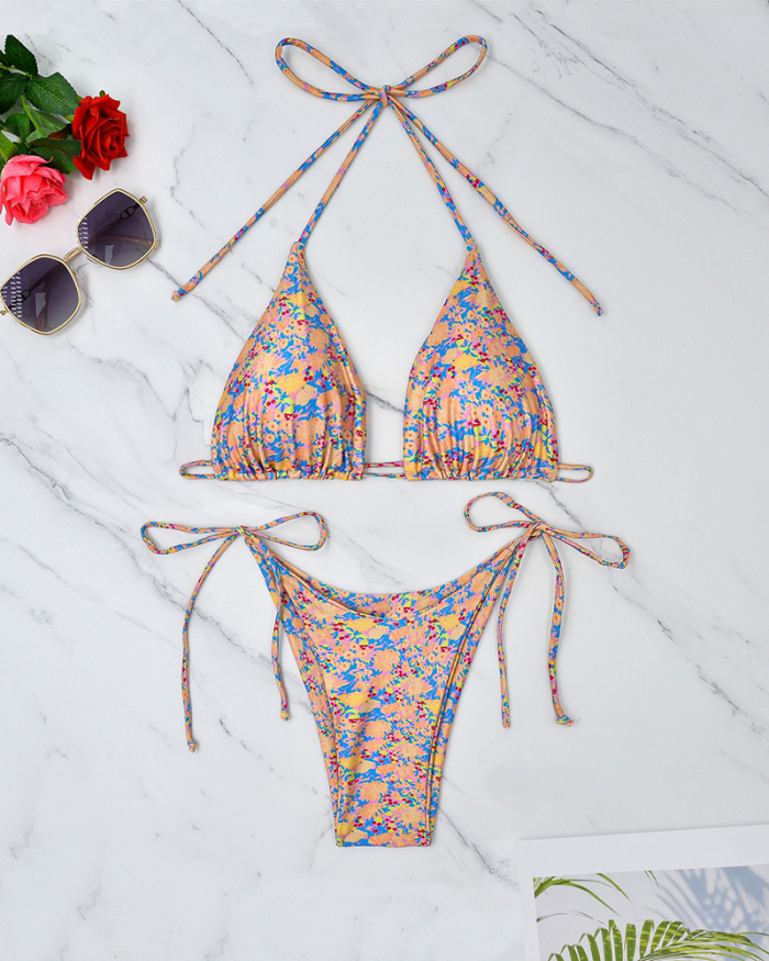Women Halter Neck Tie Side Sting Florals Printing Bikinis Two-piece Swimsuit S-XL