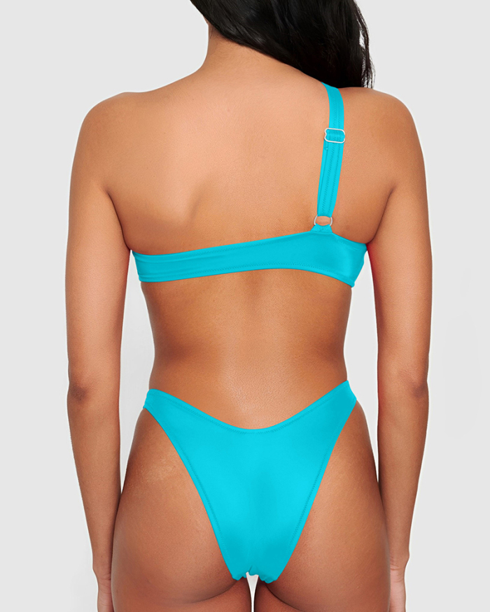 Slash Collar Strappy Ring High Cut Bottom Sexy Women One-piece Swimsuit Yellow Green Red Blue S-XL