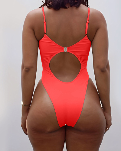 Sling Solid Color Strappy Hollow Out High Waist One-piece Swimsuit Red Yellow Pink Blue Gray S-XL