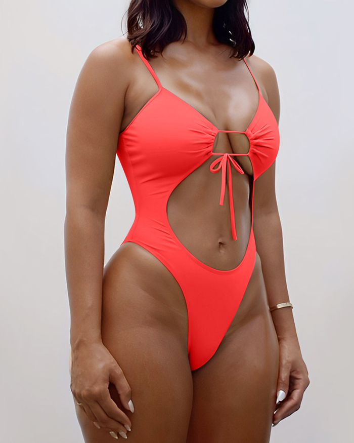 Sling Solid Color Strappy Hollow Out High Waist One-piece Swimsuit Red Yellow Pink Blue Gray S-XL