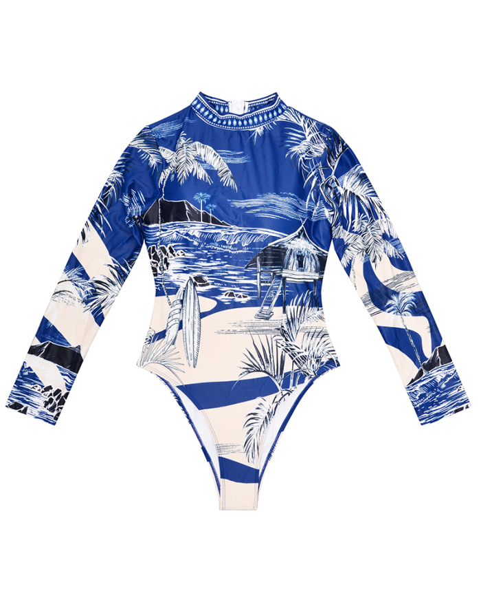 Women Beach Printed Long Sleeve High Cut Backless One-piece Swimsuit Blue S-XL