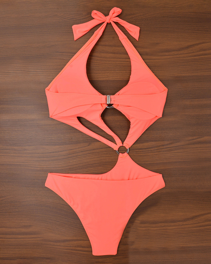 Hot Sale Ring Strappy Sexy High Waist Woman One-piece Swimsuit Red Pink Orange Deep Gray Blue S-XL
